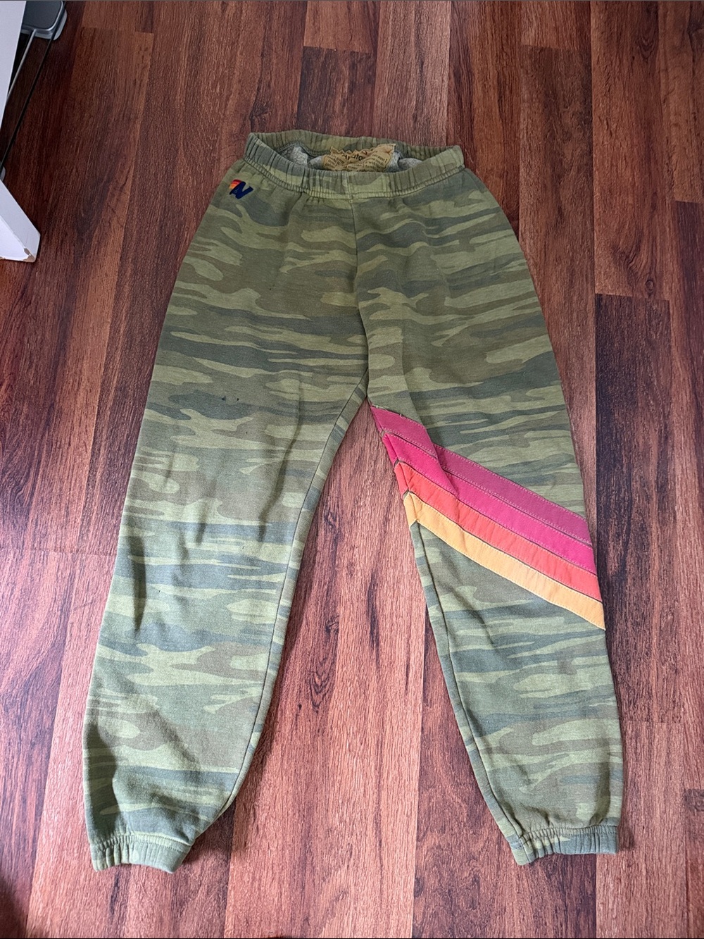 Aviator Nation women’s Camo sweatpants with Pink & Orange Stripe
